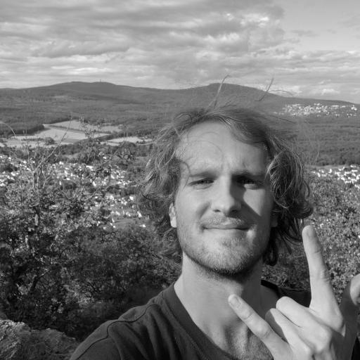 Joshua Zimmerman. A white man with curly hair standing on top of the mountain. He is making a rock sign with his left hand in front of his face. 
